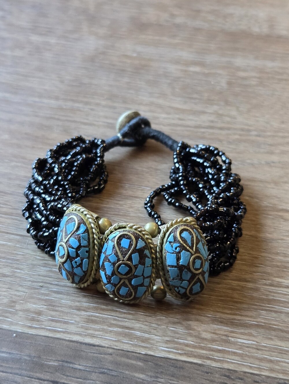 Vintage Hand Made African or Himalayan Turquoise Seed Beaded Bracelet